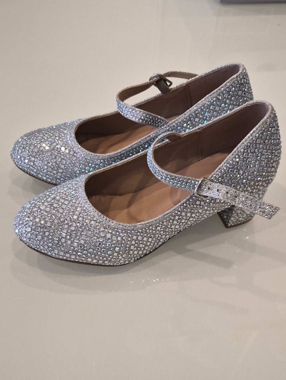 Girls Sparkling Silver Block Heel Pumps Size Y2